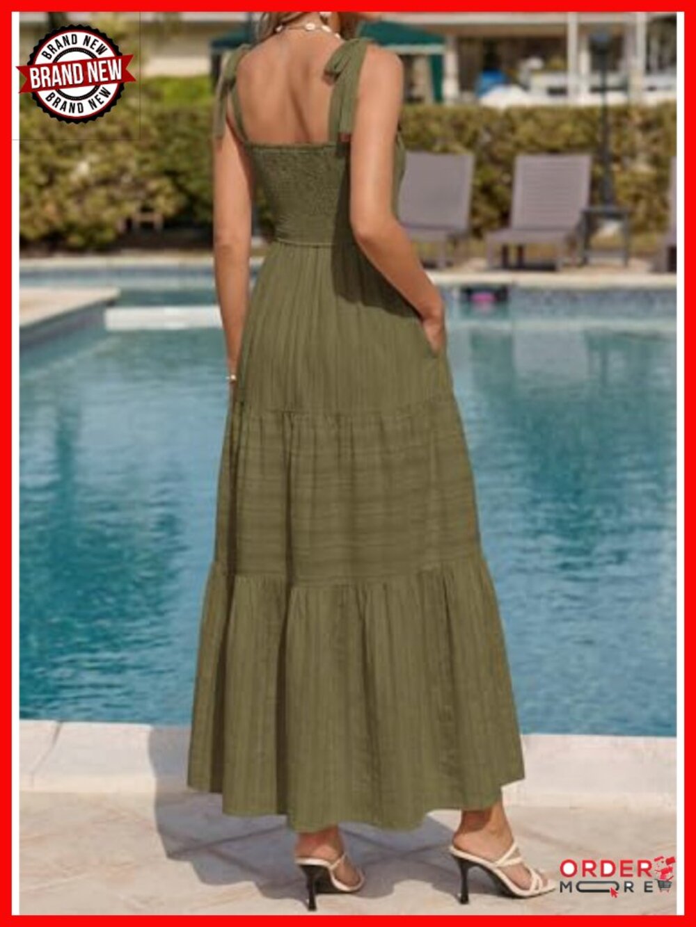 Smocked Boho Spaghetti Strap Maxi Dress - Sleeveless A Line Beach Sundress - Picture 2 of 6